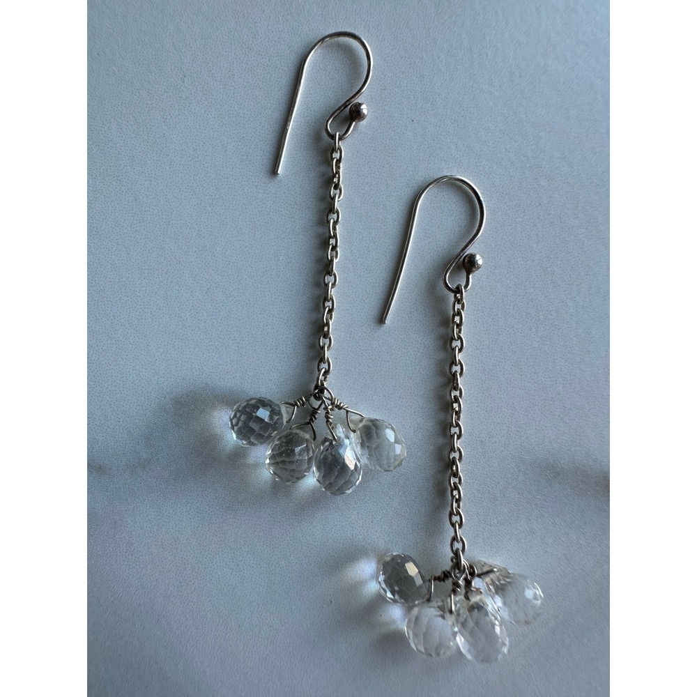Sterling Silver Clear Quartz Briolette‎ Dangle Drop Earrings Fishhook 2 Inch